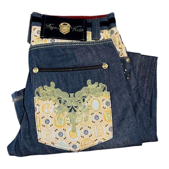 Y2K Crown Holder Jeans Authentic Embroidered 34X33 Men's Hip Hop - Picture 1 of 10